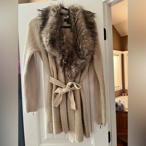 Thalia Soda cardigan with removable faux fur collar and gold accents